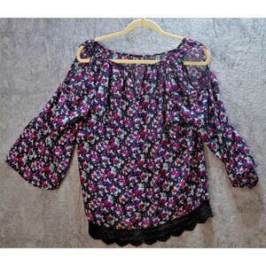 Cold Shoulder Floral Blouse Women's M Purple Pink Print Lace Hem 3/4 Sleeve